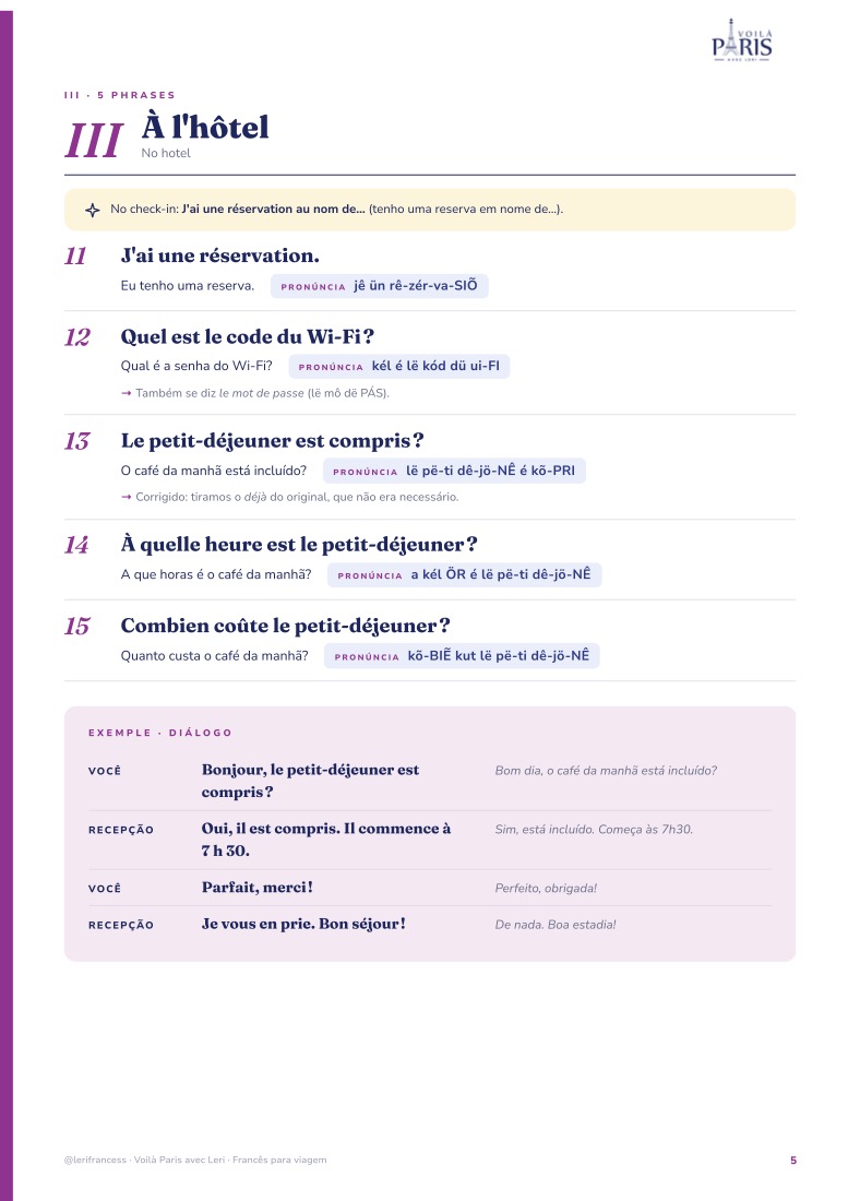 Página do e-book com frases de hotel, pronúncia e diálogo