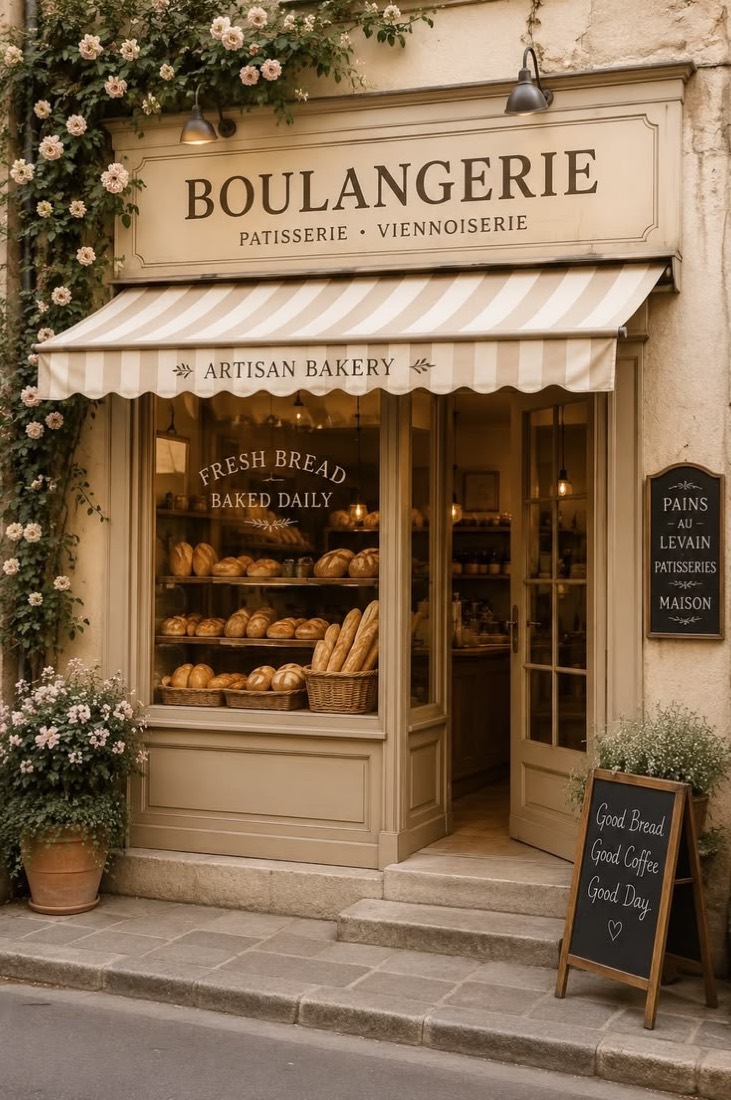 Fachada de uma boulangerie com pães na vitrine